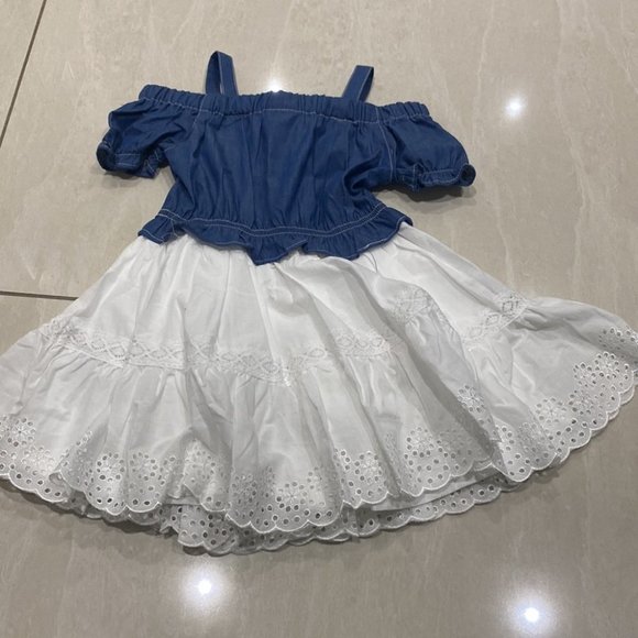 Calvin Klein Jeans Girl White Blue Chambray Off Shoulder Dress Size 4 - Picture 6 of 7